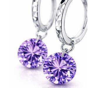 925 Sterling Silver Hoop Earrings Purple Gemstone Dangle
